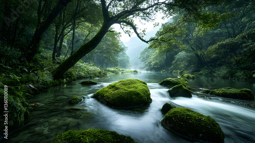 A serene forest scene. Clear water flows over moss-covered rocks. This image suggests relaxation peacefulness and nature's beauty. Great for meditation or nature appreciation.