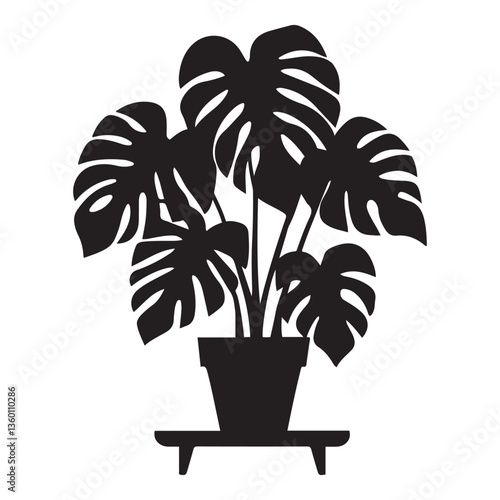 Monstera deliciosa plant in pot silhouette vector Black, potted plant vector silhouette vector. with white background