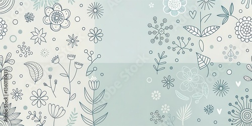 Serene Floral Design A Pastel-Colored Hand-Drawn Botanical Illustration Featuring Various Flowers, Leaves, and Abstract Elements.