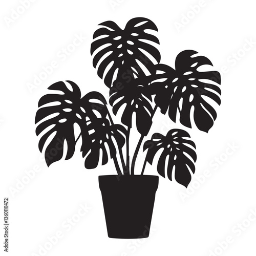Monstera deliciosa plant in pot silhouette vector Black, potted plant vector silhouette vector. with white background