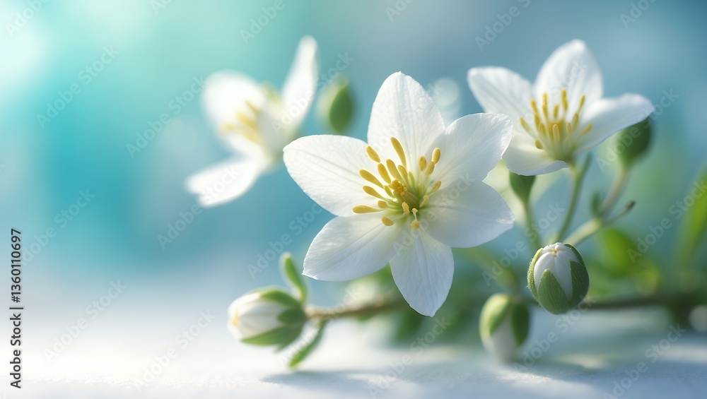 Fototapeta premium White flowers with yellow centers, bokeh background, soft lighting