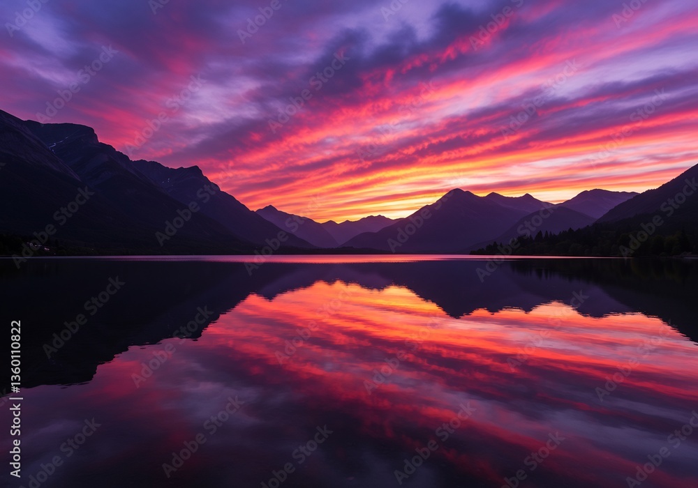 Fototapeta premium Fiery sunset paints mountain lake reflection vibrant hues. AI Generated