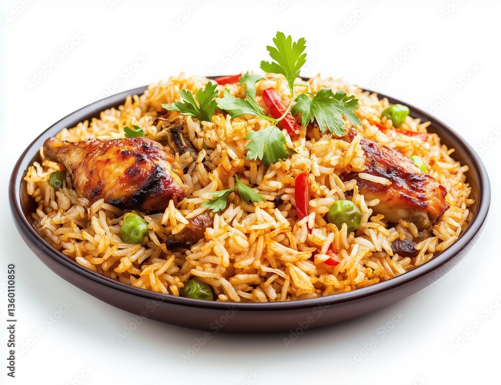Delicious chicken biryani with rice, peas, and herbs served in a dark brown ceramic bowl. Delicious chicken biryani with rice, peas, and herbs served in a dark brown ceramic bowl.