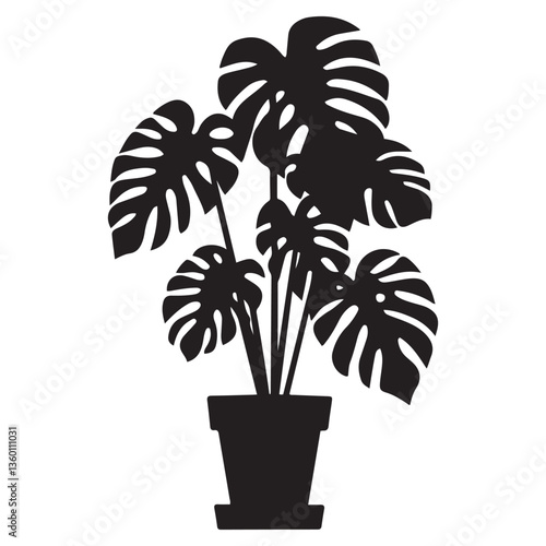 Monstera deliciosa plant in pot silhouette vector Black, potted plant vector silhouette vector. with white background