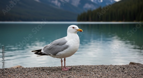 Serene lake view solitary seagull soft light. AI Generated