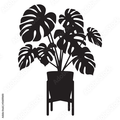 Monstera deliciosa plant in pot silhouette vector Black, potted plant vector silhouette vector. with white background