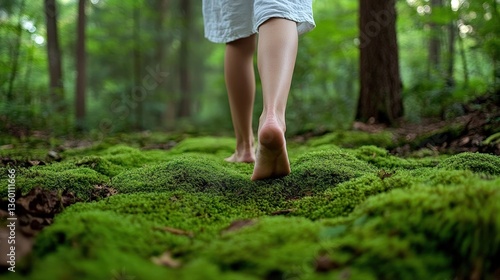 A person is walking barefoot on a mossy forest floor