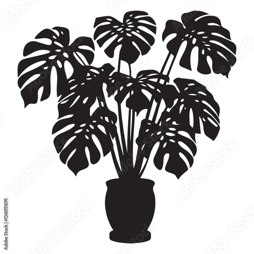 Monstera deliciosa plant in pot silhouette vector Black, potted plant vector silhouette vector. with white background