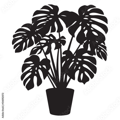 Monstera deliciosa plant in pot silhouette vector Black, potted plant vector silhouette vector. with white background