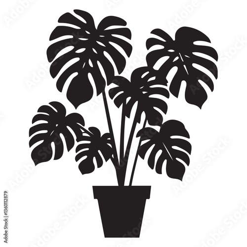 Monstera deliciosa plant in pot silhouette vector Black, potted plant vector silhouette vector. with white background