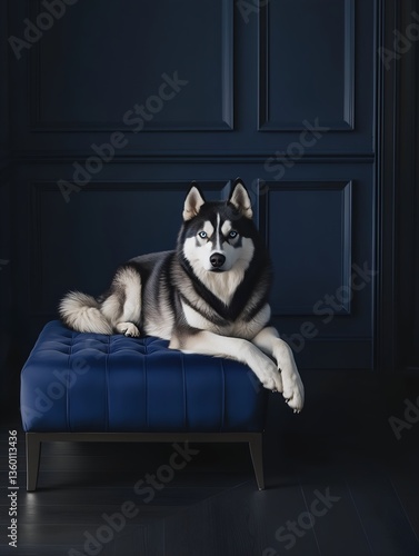 Stylish indoor setting featuring a relaxed Siberian husky on a blue tufted ottoman
