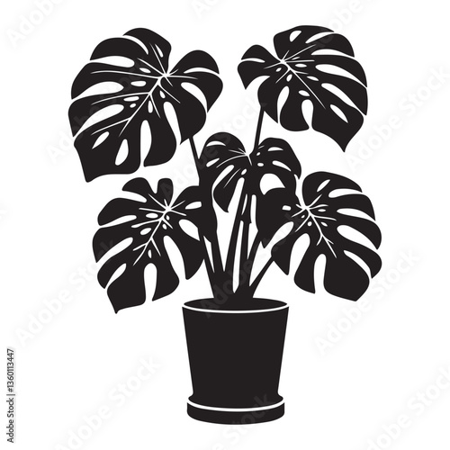 Monstera deliciosa plant in pot silhouette vector Black, potted plant vector silhouette vector. with white background