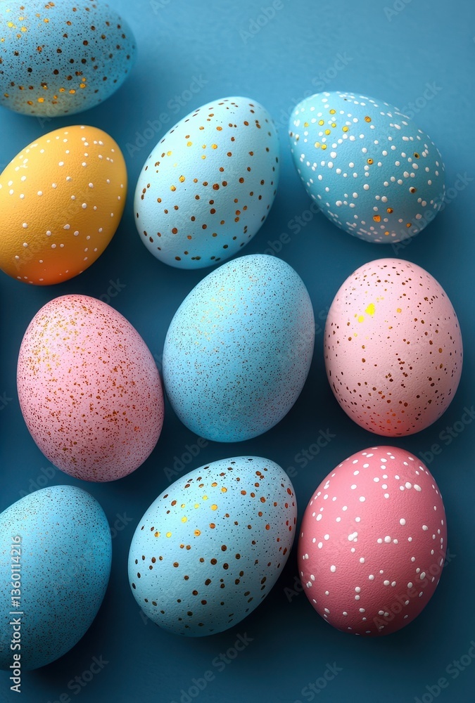 Colorful Painted Easter Eggs with Gold Speckles on a Bright Blue Background for Creative Spring and Holiday Decoration Ideas Colorful Painted Easter Eggs with Gold Speckles on a Bright Blue Background for Creative Spring and Holiday Decoration Ideas