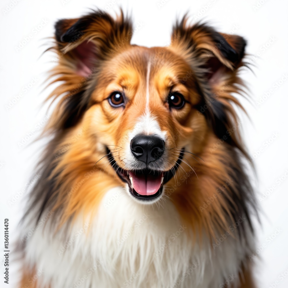Happy dog portrait isolated on white background. Collie breed, fluffy fur, friendly face with open mouth. Purebred pet, domestic animal, canine with beautiful brown eyes. Happy dog portrait isolated on white background. Collie breed, fluffy fur, friendly face with open mouth. Purebred pet, domestic animal, canine with beautiful brown eyes.