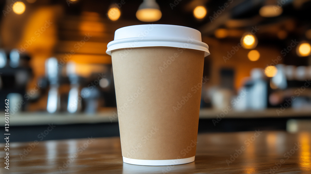 a brown paper coffee cup with a white lid is placed on the table in front of a blurred background, creating an empty space for copy and text. a brown paper coffee cup with a white lid is placed on the table in front of a blurred background, creating an empty space for copy and text.