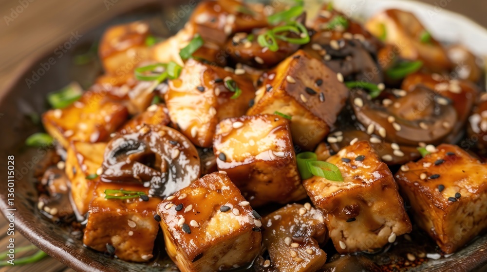 Tasty cubes tofu with mushrooms sauce menu on bowl Tasty cubes tofu with mushrooms sauce menu on bowl