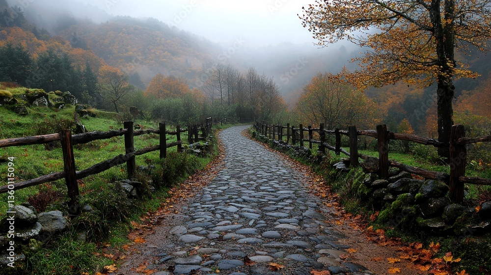Obraz premium Autumnal mountain road through misty woods