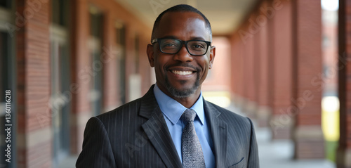 Portrait of smiling African American superintendent on first day of school. Executive leader wears glasses suit in academic campus. Confident manager, school principal headshot.