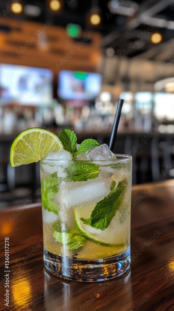 Fototapeta premium Refreshing Mojito with muddled mint and lime served in a lively bar setting with modern decor