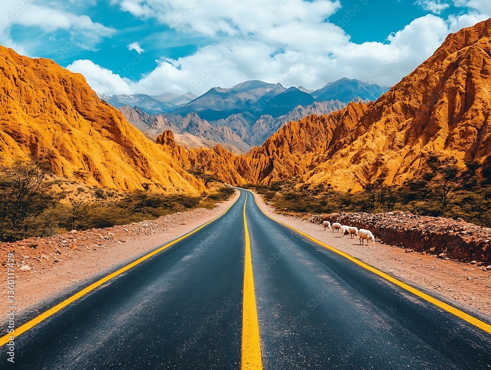 A long open road surrounded by colorful mountains and animals A long open road surrounded by colorful mountains and animals