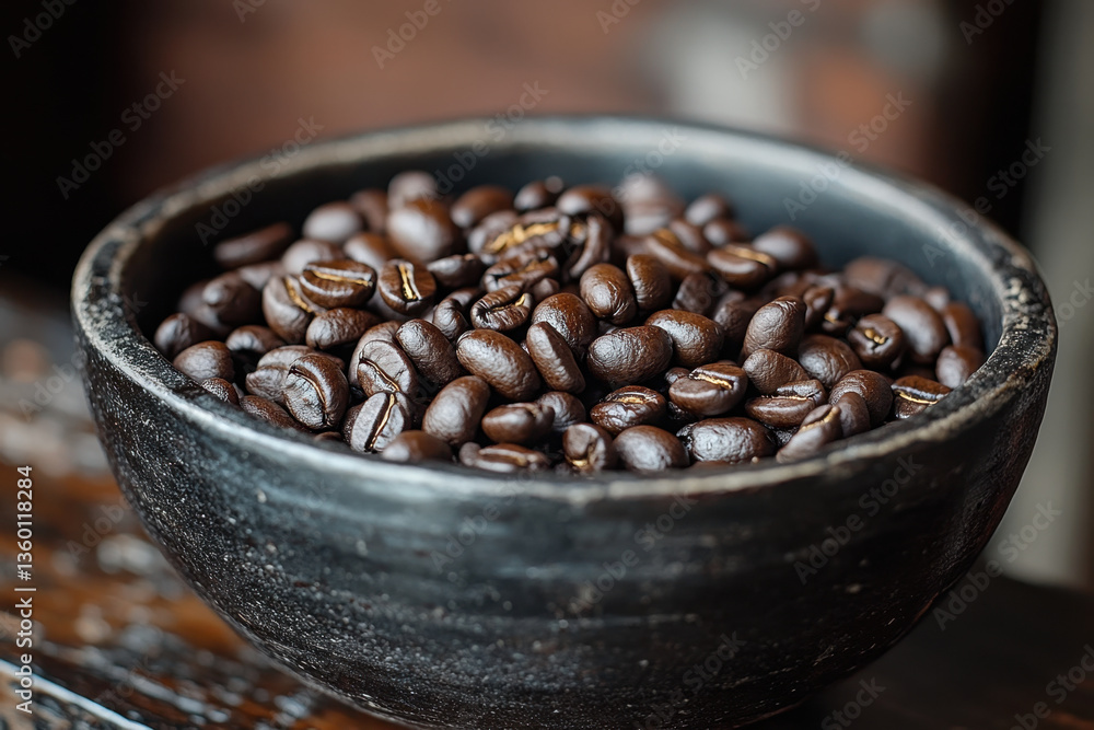 Fototapeta premium Coffee beans in a bowl on a rustic wooden table with natural light highlighting their rich brown color and textures.