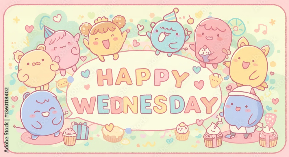 Happy Wednesday Illustration with Cute Cartoon Characters and Festive Elements Happy Wednesday Illustration with Cute Cartoon Characters and Festive Elements