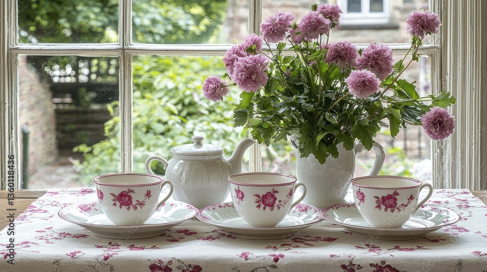 Fototapeta premium Elegant tea set, flowers, window
