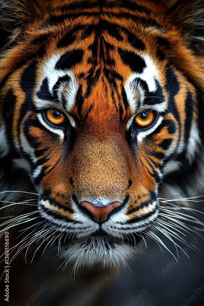 Naklejka premium Majestic Close-Up of a Tiger with Striking Orange and Black Fur