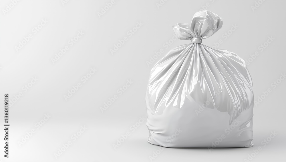 Naklejka premium A full tied white plastic trash bag on a white background with smooth surface