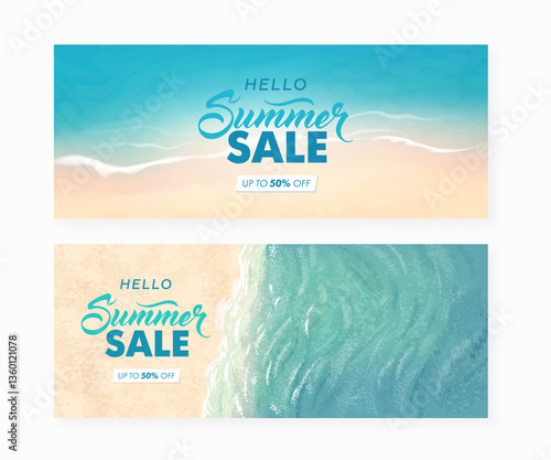 Vector beautiful realistic illustration of colorful sandy summer beach and palm trees. Summer sale horizontal promotional travel wallpaper, flyer or web banner design template