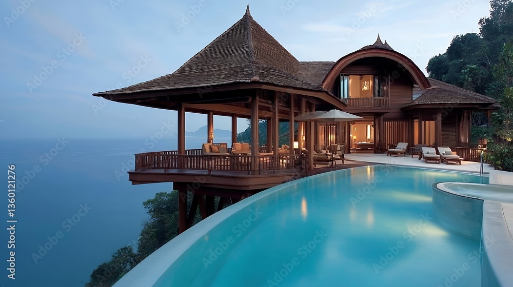 Fototapeta premium Luxury Tropical Villa Infinity Pool Ocean Sunset View