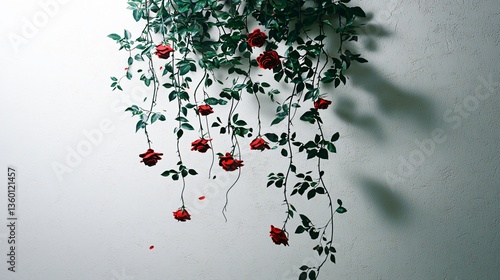 Red roses and green foliage cascade down a textured white wall, casting shadows