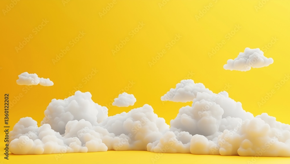 Fototapeta premium Fluffy White Clouds Floating Gently on a Bright Yellow Background in a Minimalist 3D Render