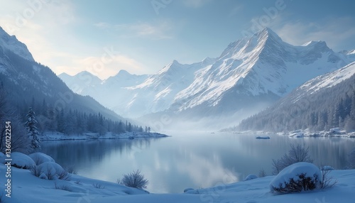 Wallpaper Mural Winter alpine landscape with lake and snow-covered mountain peaks in the background. High mountains during snowfall in the Alps. Nature view, snow-covered hills, serene winter scenery. Torontodigital.ca