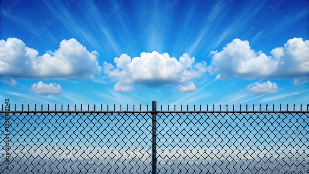 Chain link fence against a vibrant blue sky with fluffy white clouds Chain link fence against a vibrant blue sky with fluffy white clouds