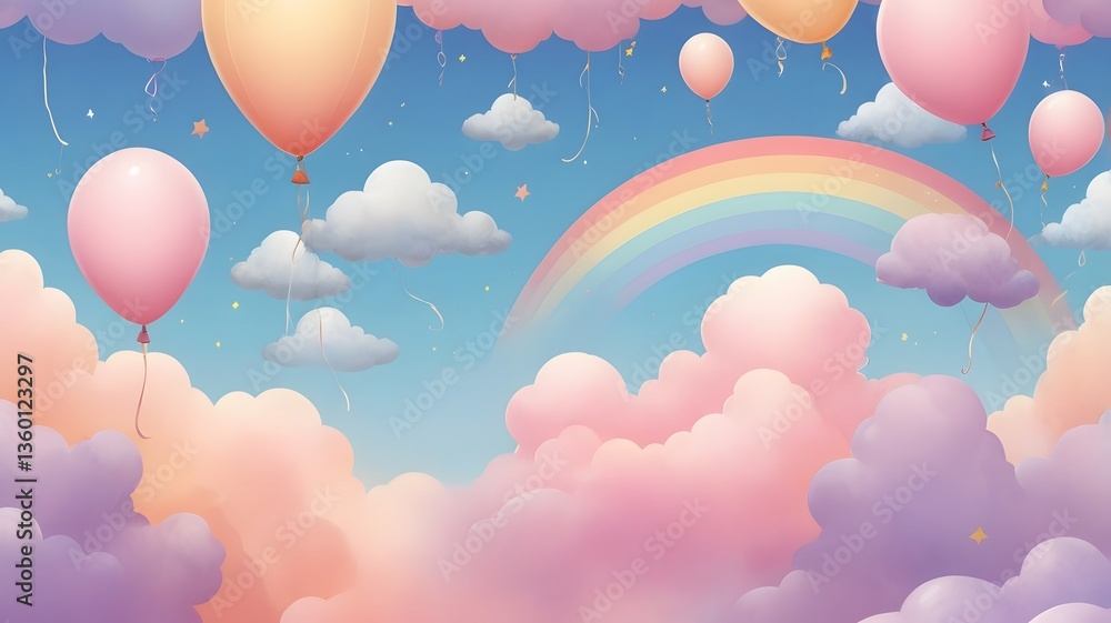 Fototapeta premium Whimsical Colorful Balloon Scene with Pastel Clouds at Sunset