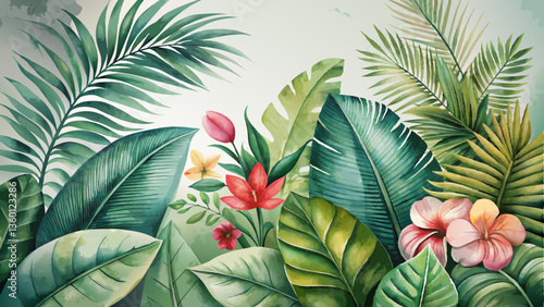 Watercolor tropical foliage background, lush greens with vibrant hibiscus and palm leaves, celebrating summer lushness with copy space  