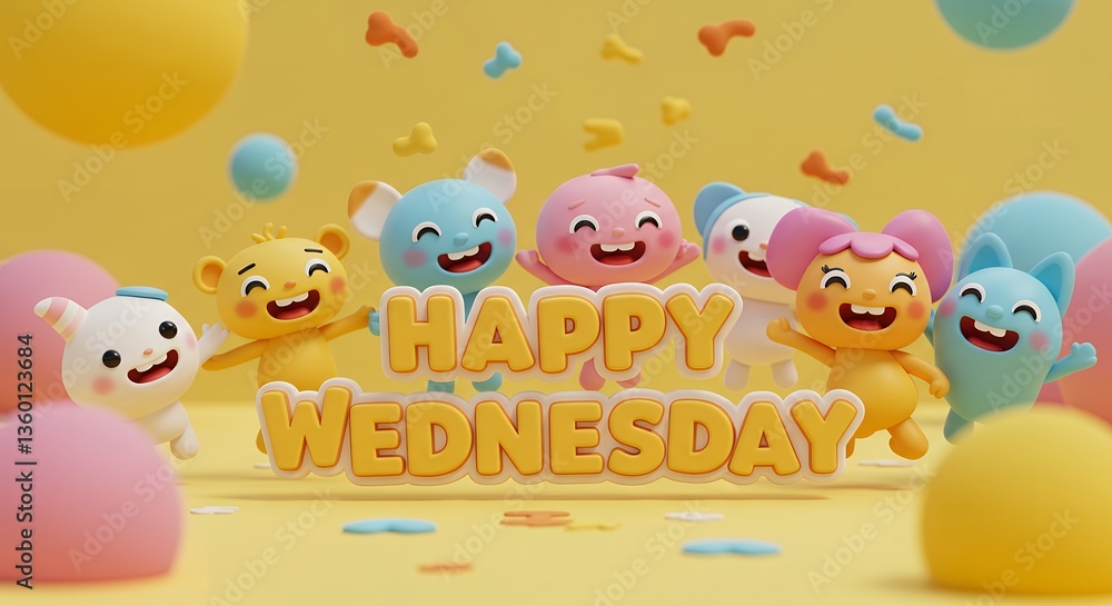 Fototapeta premium Happy Wednesday Cartoon Character Celebration with Colorful Background and Festive Vibe