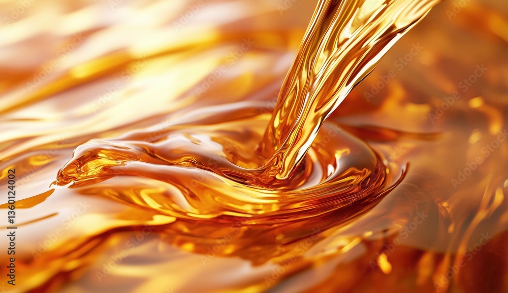 Naklejka premium Pouring Golden Liquid Creating Swirls and Ripples, Smooth and Viscous Flow in Photography