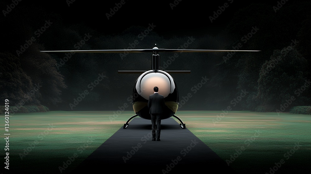 Fototapeta premium Man in Suit Approaching Black Helicopter at Night
