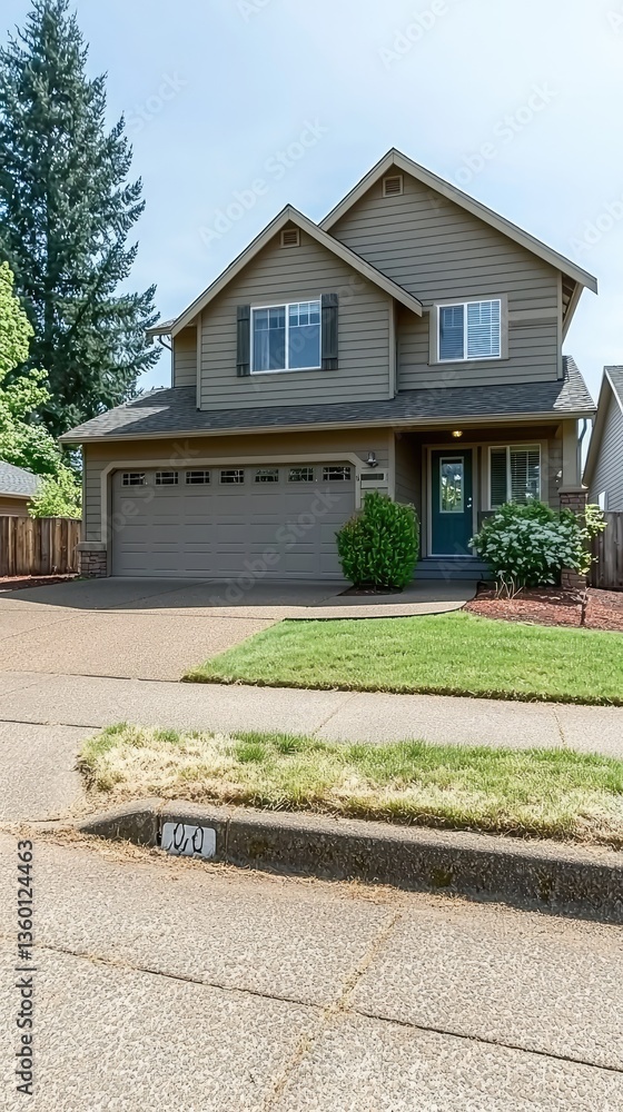 Obraz premium Suburban house with front lawn in a sunny day for real estate or family concept