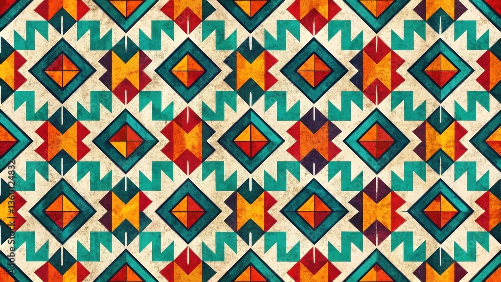 Vibrant Geometric Textile Pattern with Aztec Inspired Designs Featuring Warm and Cool Tones Vibrant Geometric Textile Pattern with Aztec Inspired Designs Featuring Warm and Cool Tones
