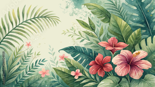 Watercolor tropical foliage background, lush greens with vibrant hibiscus and palm leaves, celebrating summer lushness with copy space  