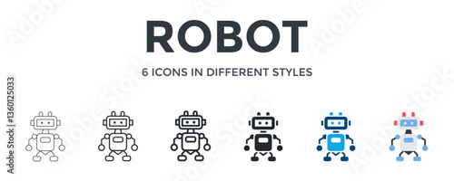 Robot  Icon In Different Style Vector Illustration. Designed In Thin Line, Regular Line, Bold Line, Glyph, Color Fill, And Flat Style Can Be Used For Web