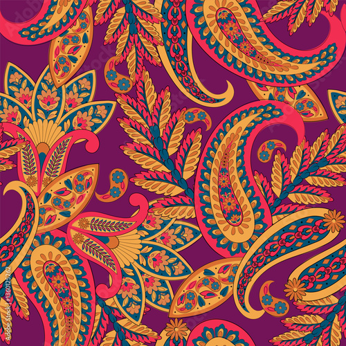 Paisley and ethnic flowers seamless vector pattern. floral vintage background