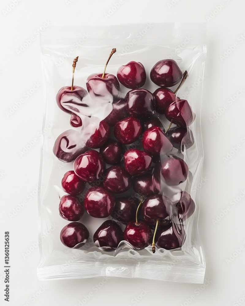 Obraz premium Fresh Red Cherries in Clear Plastic Bag on White Background Top View for Sale