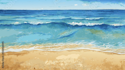 Watercolor beach scene background, gentle waves lapping at the shore in bright blues and sandy tans, capturing summer relaxation with copy space  