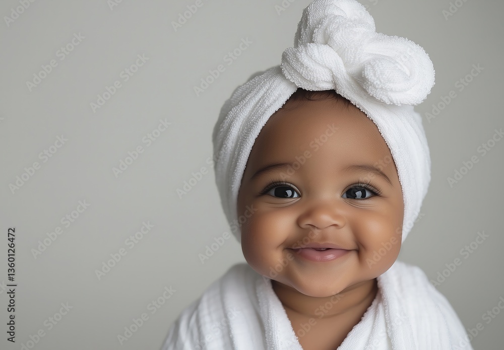 Obraz premium Adorable baby girl wearing white towel on head smiles sweetly with bright eyes in studio shot