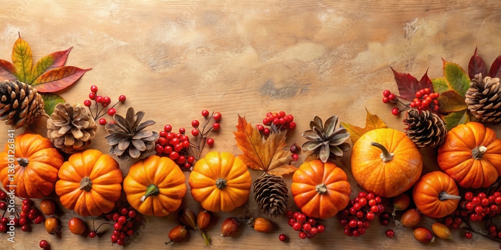 Fototapeta premium Autumnal Harvest Abundance A Bountiful Display of Mini Pumpkins, Pinecones, and Vibrant Fall Foliage on Rustic Wood