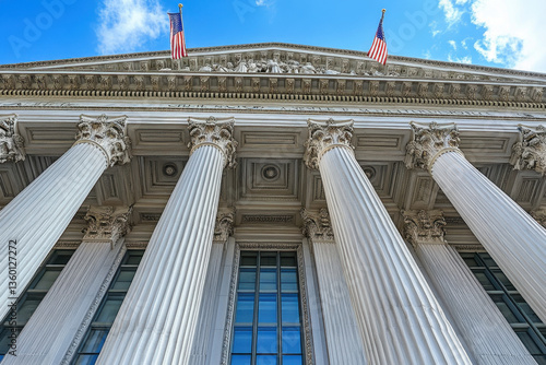 U.S. Supreme Court in Washington: White neoclassical building with grand columns surrounded by visitors and lush green trees, under a clear blue sky.